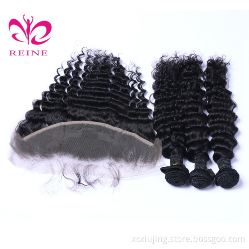 REINE  wholesale 10a grade peruvian / Cambodian virgin deep wave with frontal ,  human hair bundles vendors with lace closure